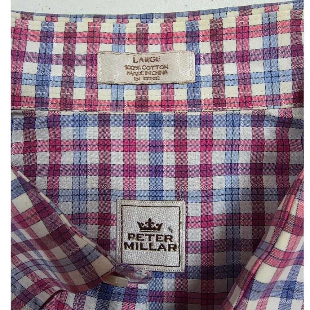 Peter Millar Mens Large Plaid Button Down Shirt Purple Blue White Cotton L Long - Picture 6 of 10